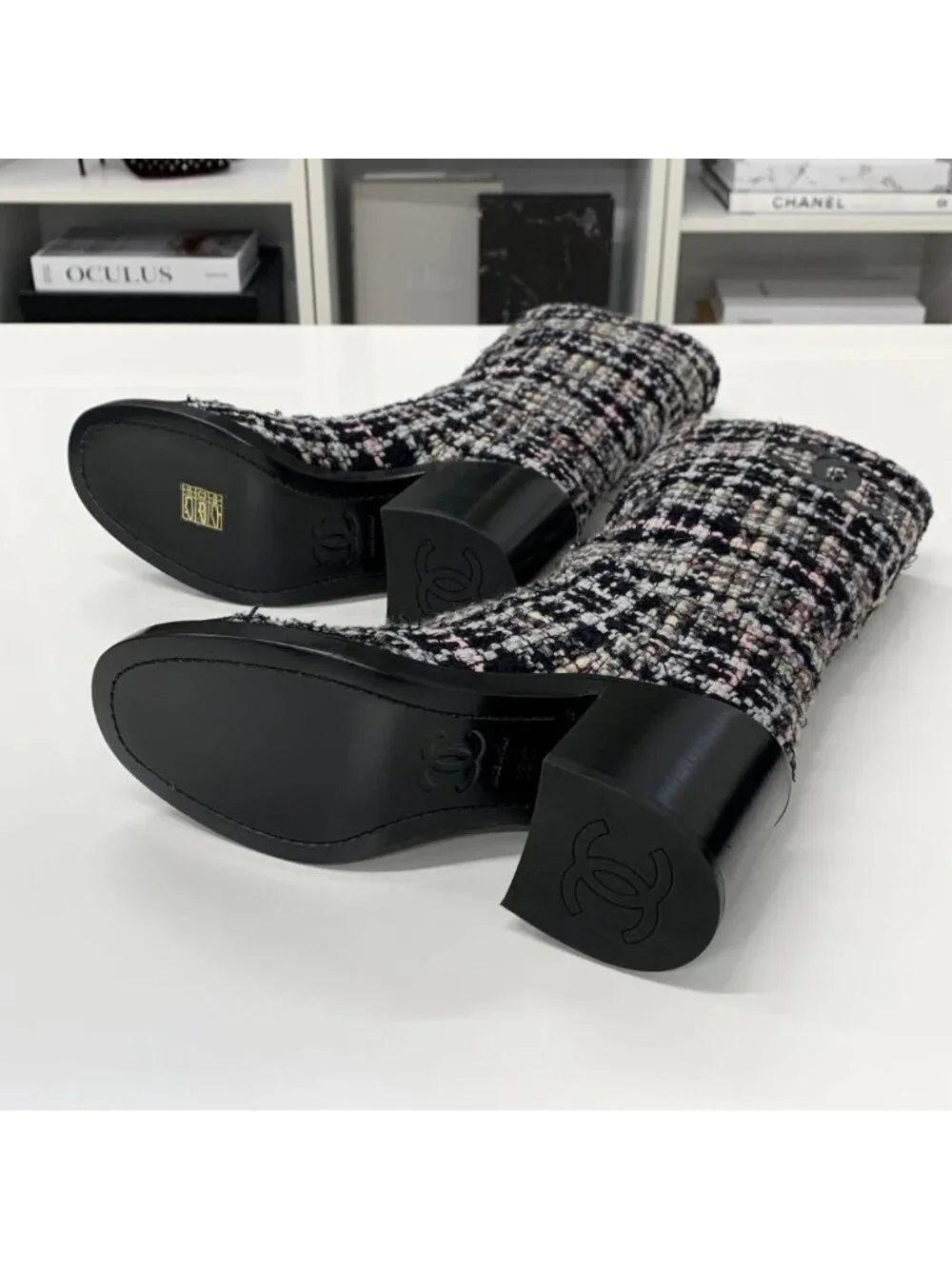 Chanel CC Logo Tweed Long Boots Black Multicolor